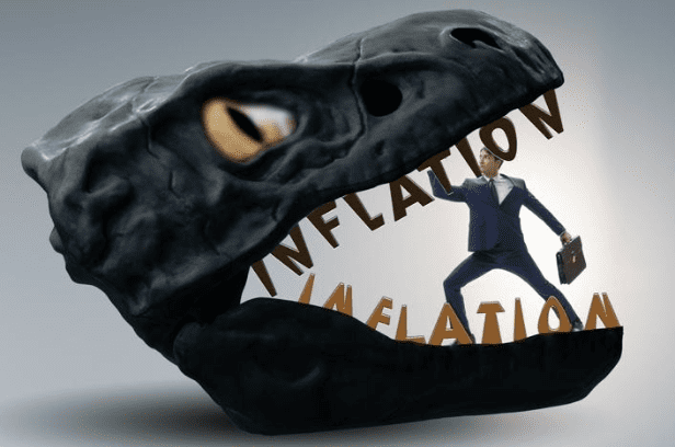 Man in dinosaur skull struggling with teeth spelling "inflation"